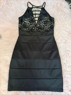 Emerald Sundae Black Lace Strappy Mini Dress